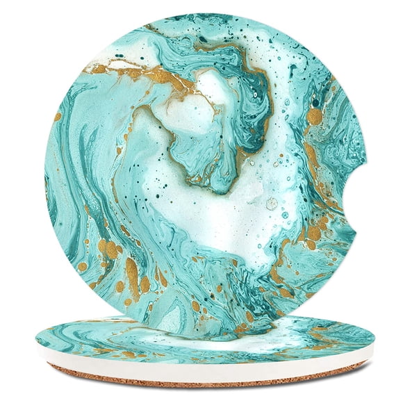 Turquoise Gold Marble Absorbent Cup Holders Car Coasters,Ceramic Stone Drinks Coaster Set for Women Man 2.56"(2 Pack)