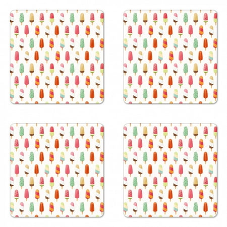 

Ice Cream Coaster Set of 4 Watermelon Kiwi Orange Cherry and Chocolate Flavor Ice Cream Illustration Square Hardboard Gloss Coasters Standard Size Multicolor by Ambesonne