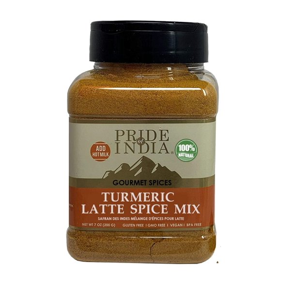 Pride of India – Turmeric Latte Spice Mix – Gourmet & Warm Tea Spice Blend – Healthy/Gluten-Free – Ideal for Lattes/Smoothies/ Golden Milk – Easy to Store – 7 oz. Medium Dual Sifter Bottle