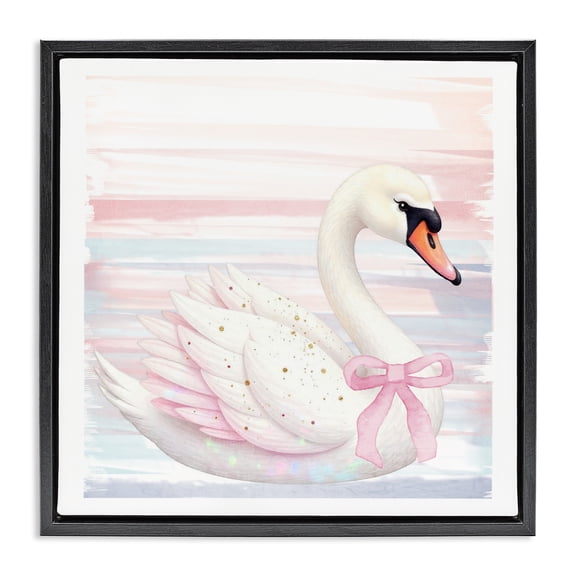 Pink Swan with Ribbon Black Framed Floater Canvas Wall Art, design by Kim Allen