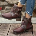thumbnail image 6 of Women's Red Vintage Ankle Boots Platform Non Slip Patchwork Leather Combat Boots Fashion Buckle Mid Calf Booties Size 9.5, 6 of 8