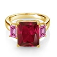 thumbnail image 2 of Gem Stone King 18K Yellow Gold Plated Silver 3-Stone Ring Octagon Red Created Ruby and Vivid Pink Moissanite (6.84 Cttw, Size 8), 2 of 3