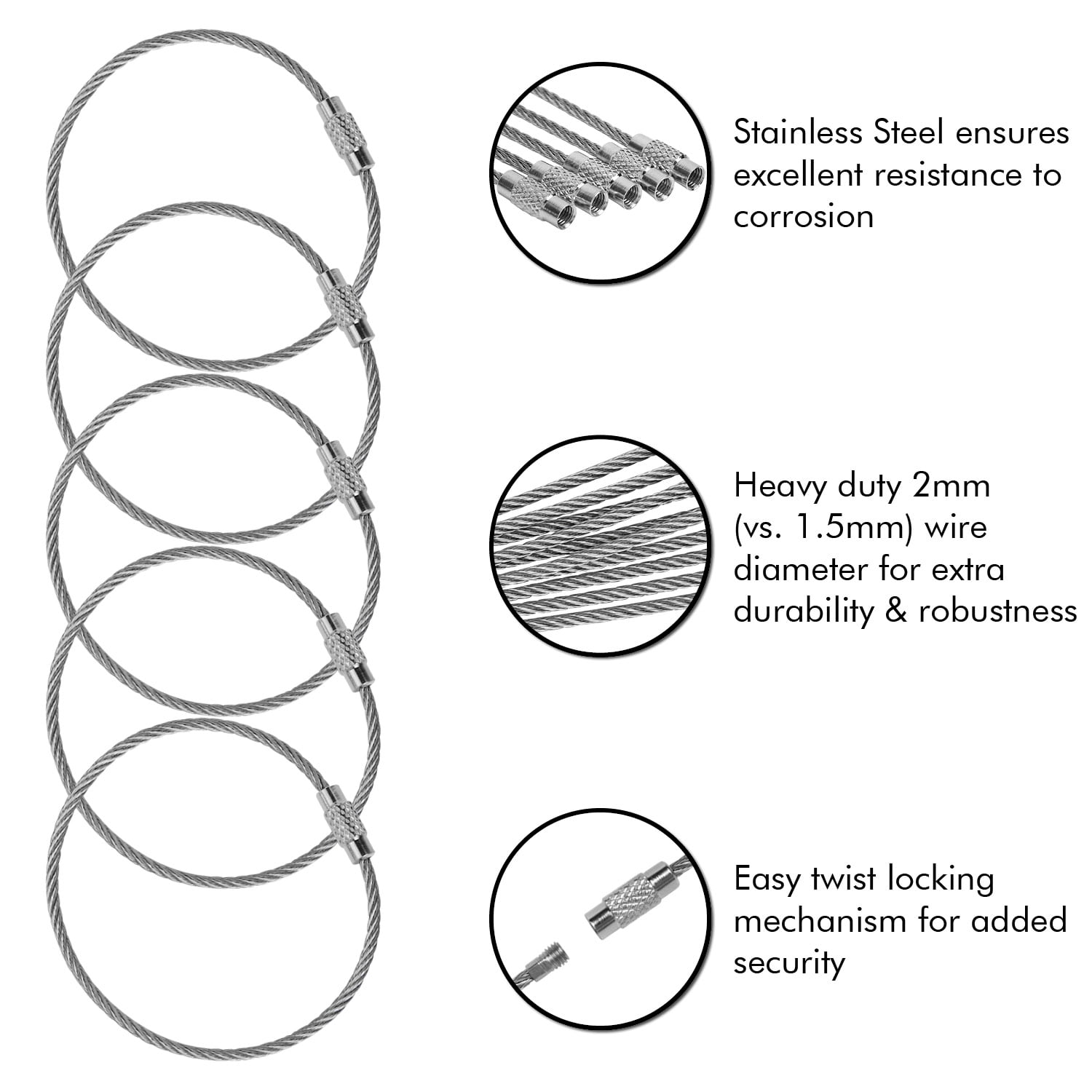 Stainless Steel Wire Keychains 2.0mm 6.3 Inches Aircraft Cable Key Ring Loops for Hanging Luggage Tags or ID Tags (100 Pack)