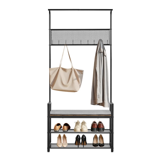 KFFKFF Hall Tree, 72 in Coat Rack with Shoe Bench, Freestanding 2-Tier Shoe Rack Storage Organizer with Hooks, Hanging Rod and Wire Shelf, Steel Frame Entrance Coat Holder for Entry