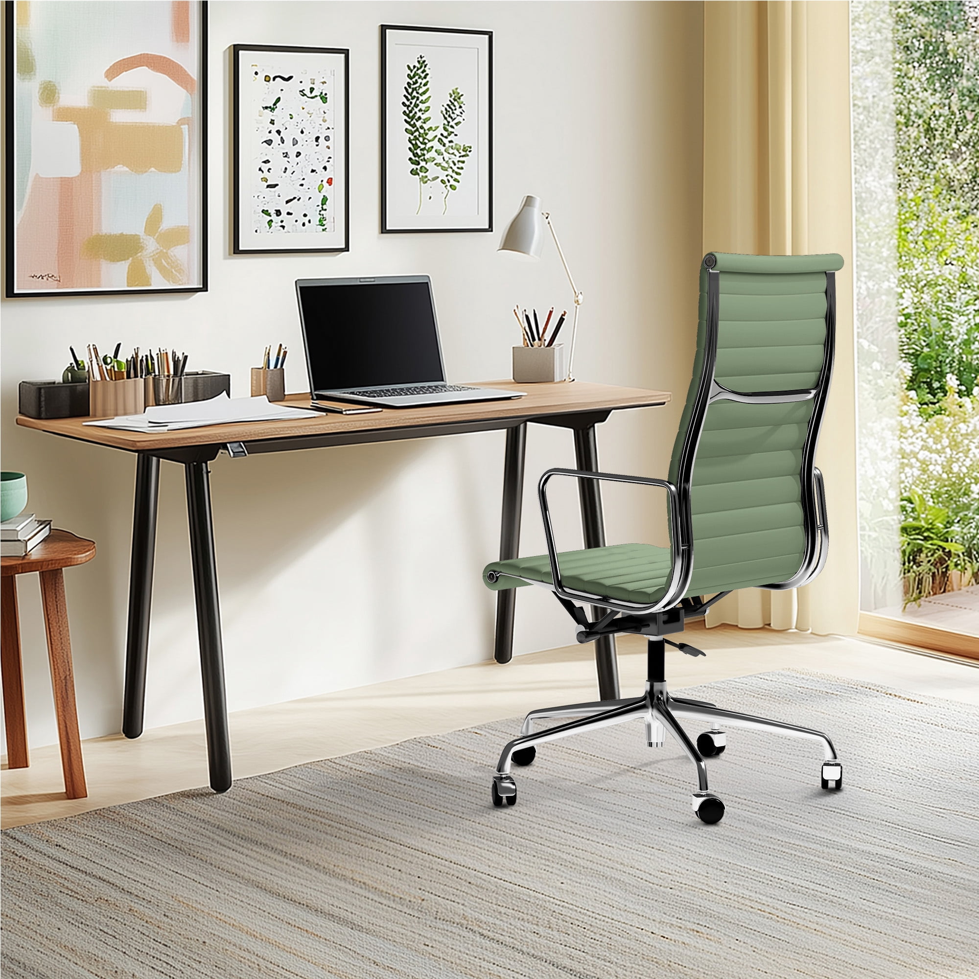 Ribbed Office Chair Genuine Leather Office Desk Chair High Back Executive Conference Room Chair Adjustable Computer Chair Swivel Chair with Arms for Home Office, Green