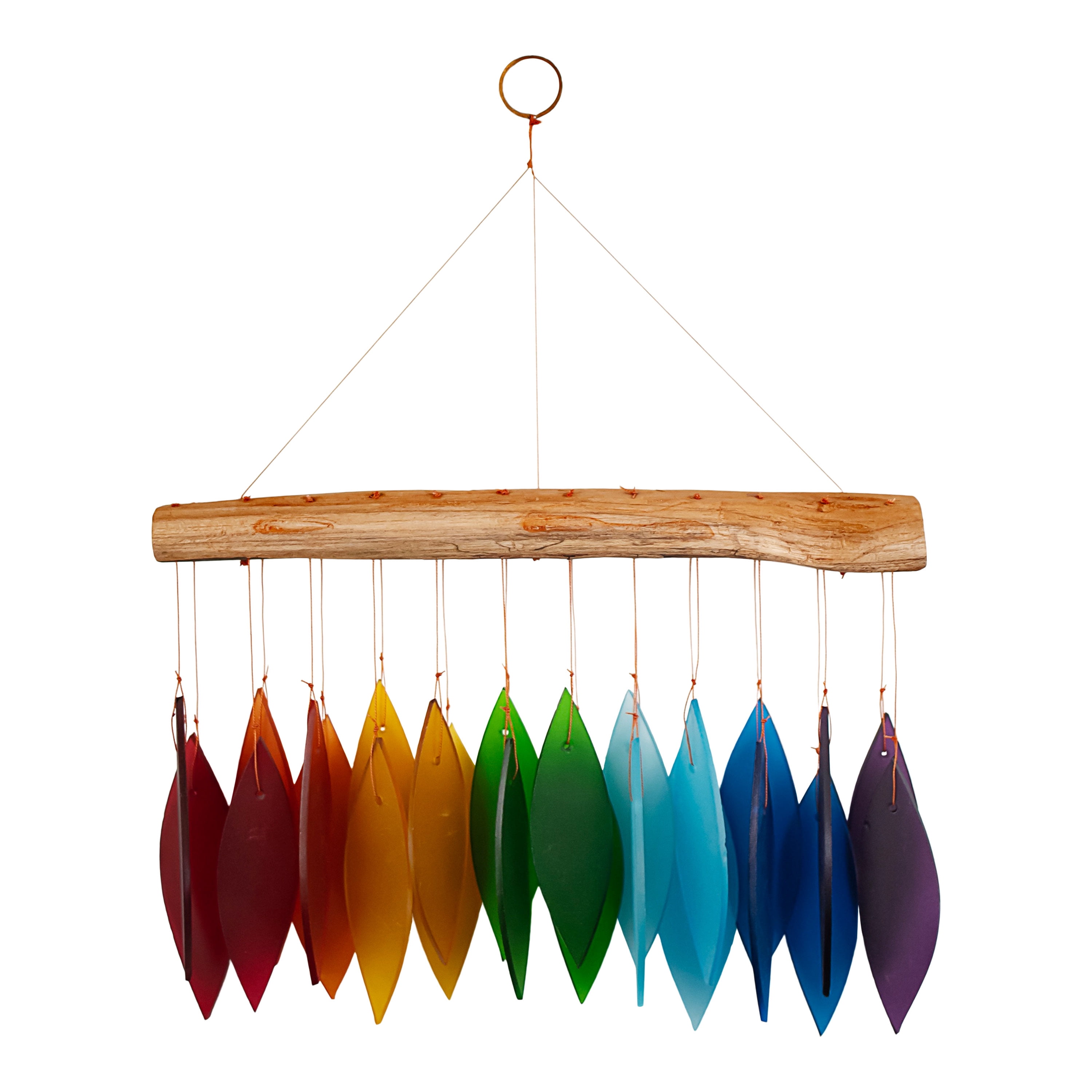 Blue Handworks Rainbow Glass Chime, Sandblasted Glass and Found Wood Handcrafted Wind Chime