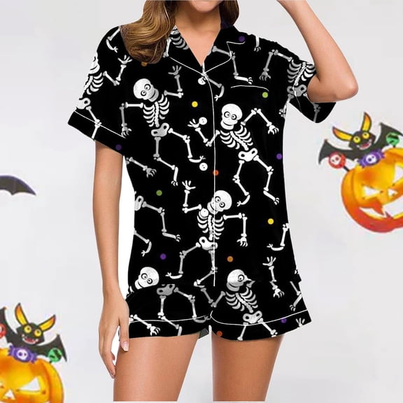 CQXIDFH Halloween Satin Pajamas for Women Short Sleeve Button Down Shirt Shorts 2 Piece Sleepwear Soft Lightweight Holiday Nightwear Lounge Home Outfit, Hot Sleepwear, S-2XL