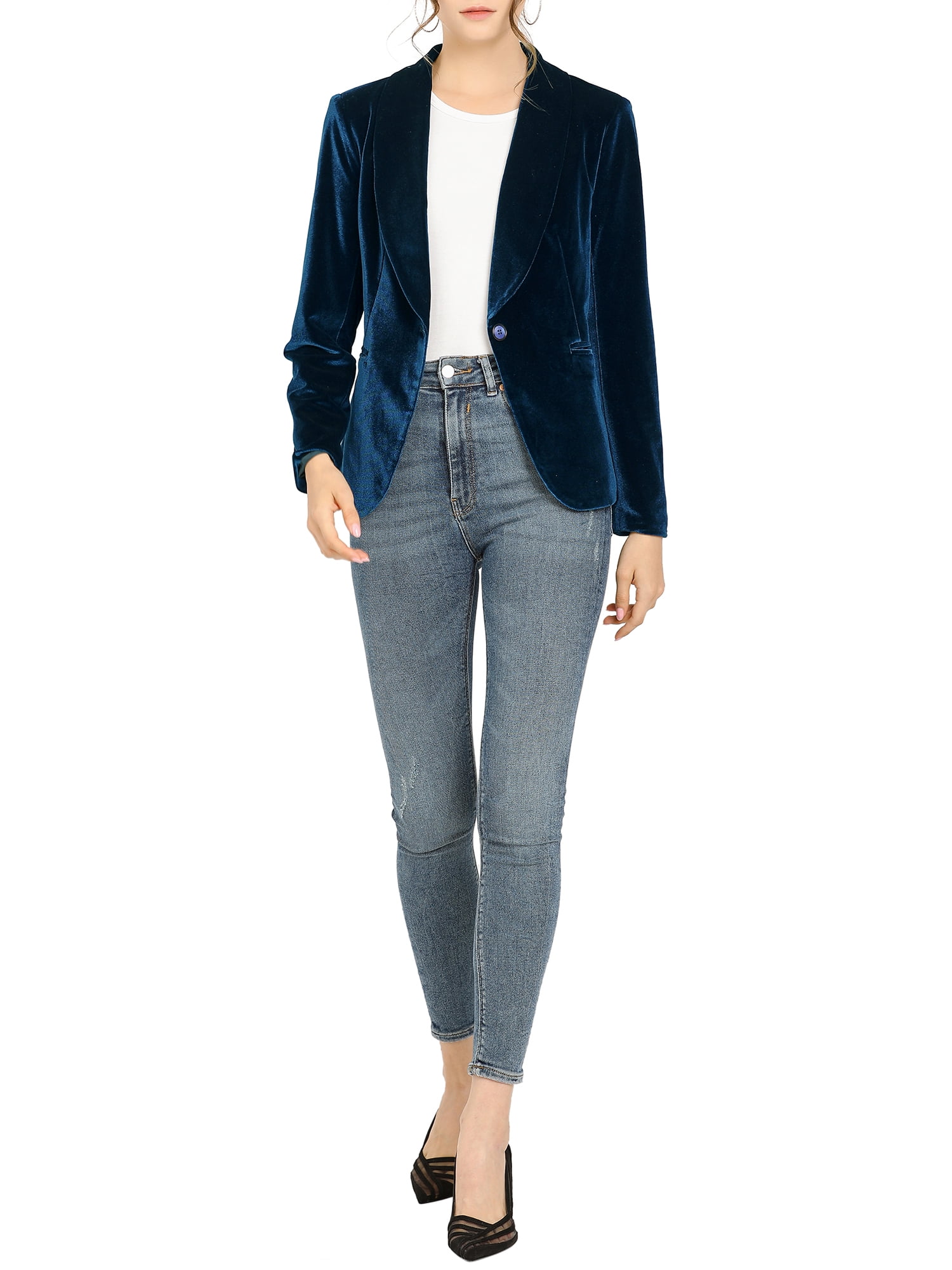 DARING DIVA Women's Velvet Office Coat Solid Shawl Collar Blazer S Deep Blue