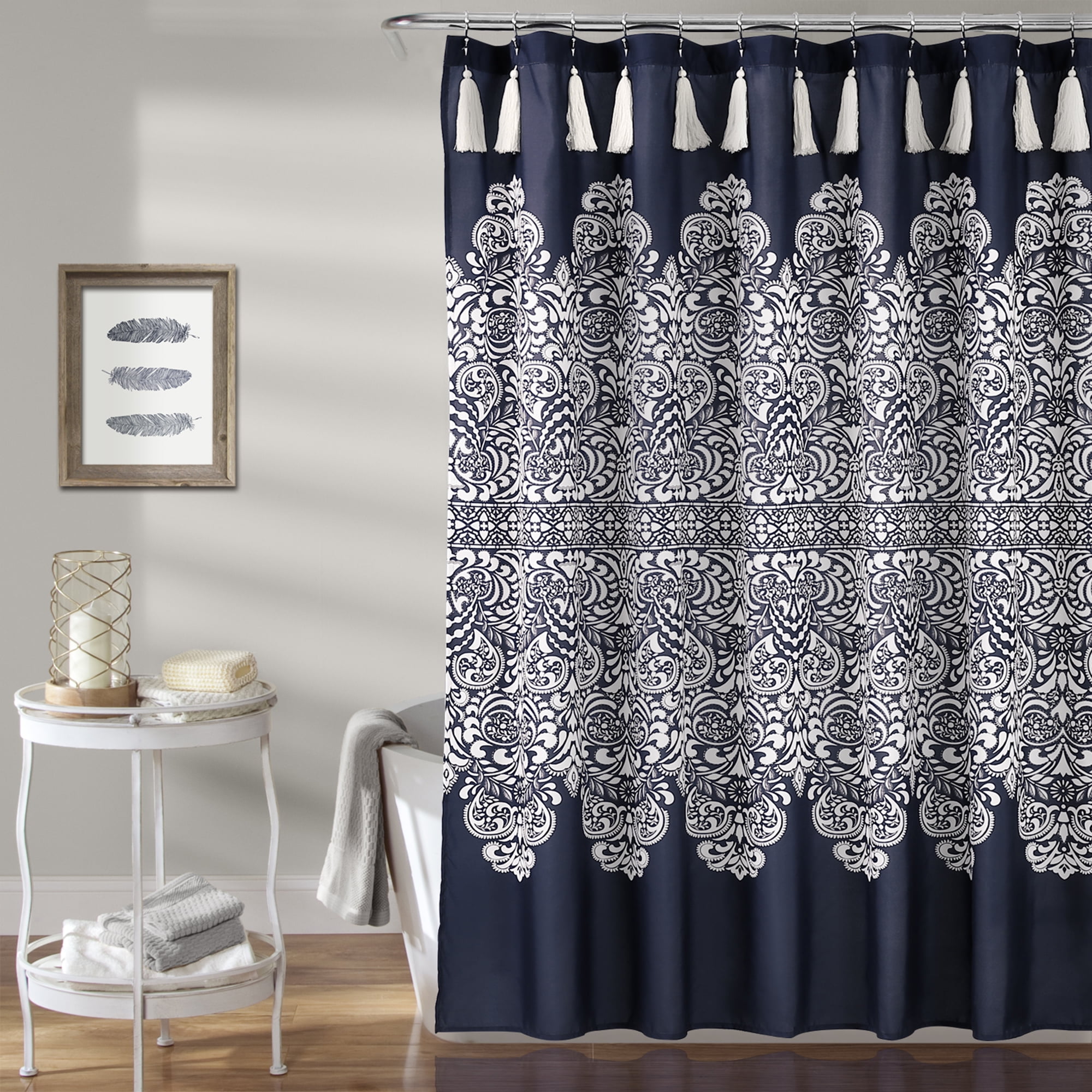 Paisley Fabric Shower Curtain Damask Design Tassel Fringe Teal Yellow Grey White 