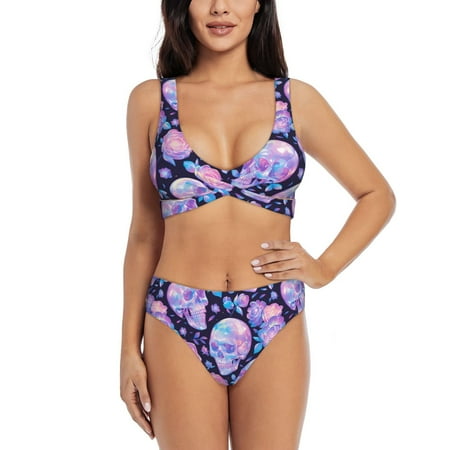 Zeuib crystal Skull flower High Waisted Tummy Control Bikini Set - Knot Front Push Up Top & Cheeky Thong Bottom  Two-Piece Swimsuit for Women-XX-Large