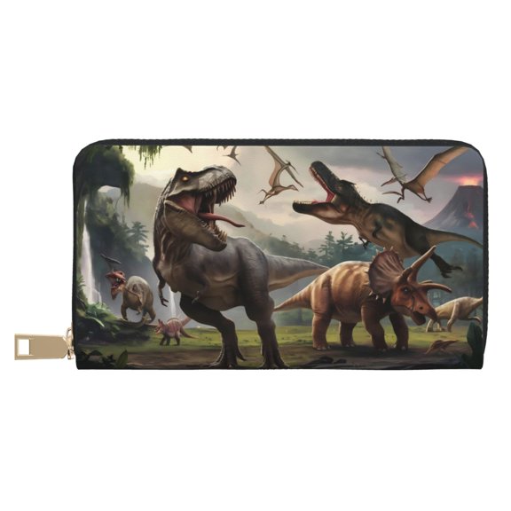 Leather Thin Slim Wallets for Women Men - Forest Park Dinosaur Clutch Card Wallet for Women Men with Zipper
