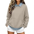 thumbnail image 2 of Smsaxvxz Sweatshirts for Women Fall Fashion Collar And Hem Denim Patchwork Shirts Loose Fit Pullover Tops Khaki XL, 2 of 6