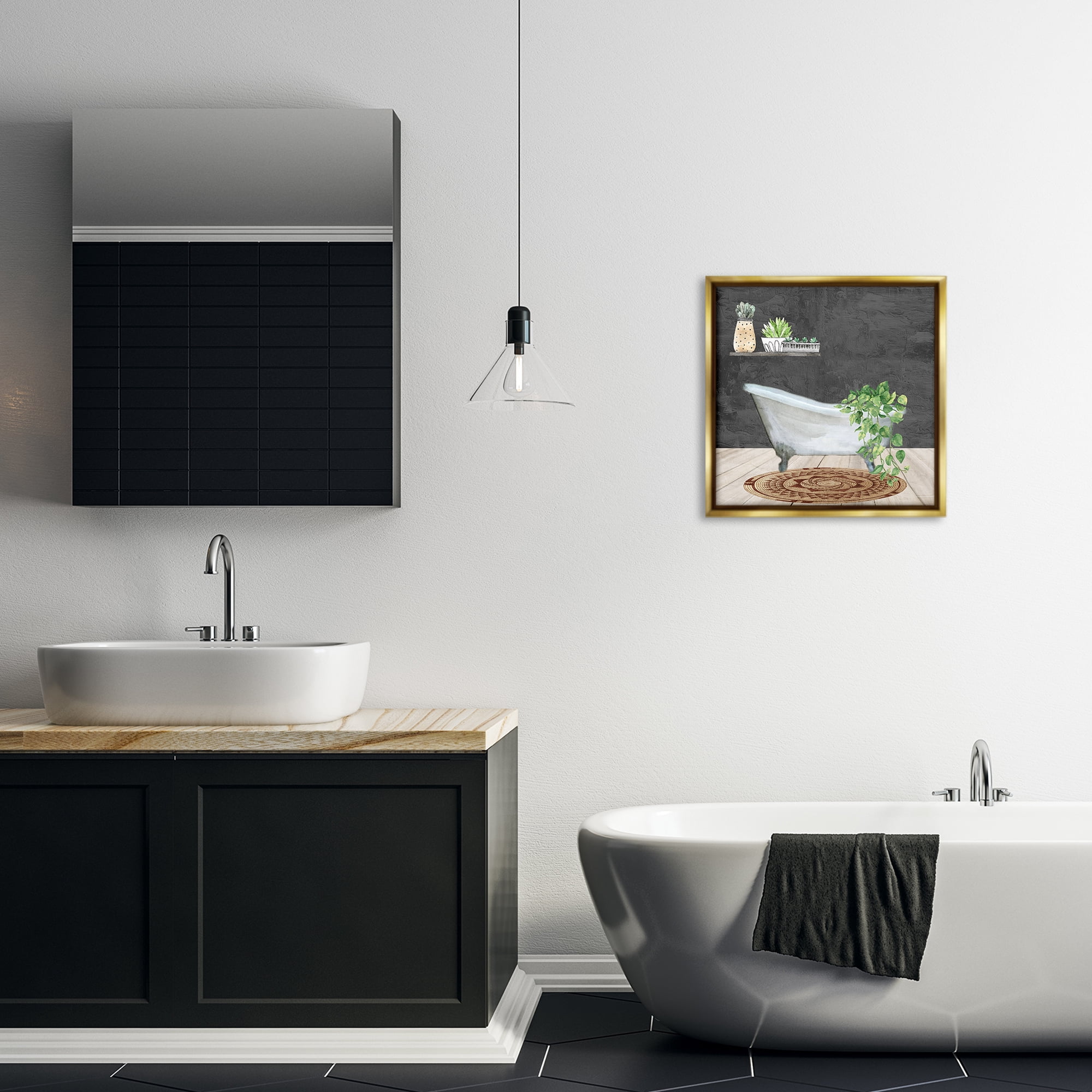 Stupell Industries Botanical Bathtub Scene Bath & Laundry Painting Gold Floater Framed Canvas Art Print Wall Art, 18 x 18