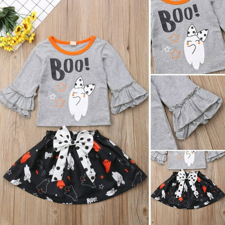Newborn Infant Baby Girl Halloween Ghost T-Shirt Tops Bowknot Skirt Party Dress Outfits