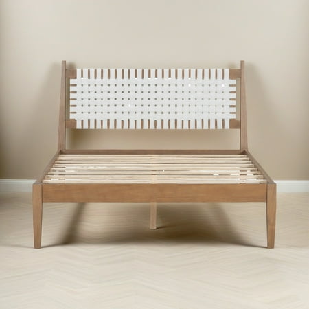 Christopher Knight Home Queen Bed Frame with White Woven Leather Headboard  Solid Wood  Natural Finish