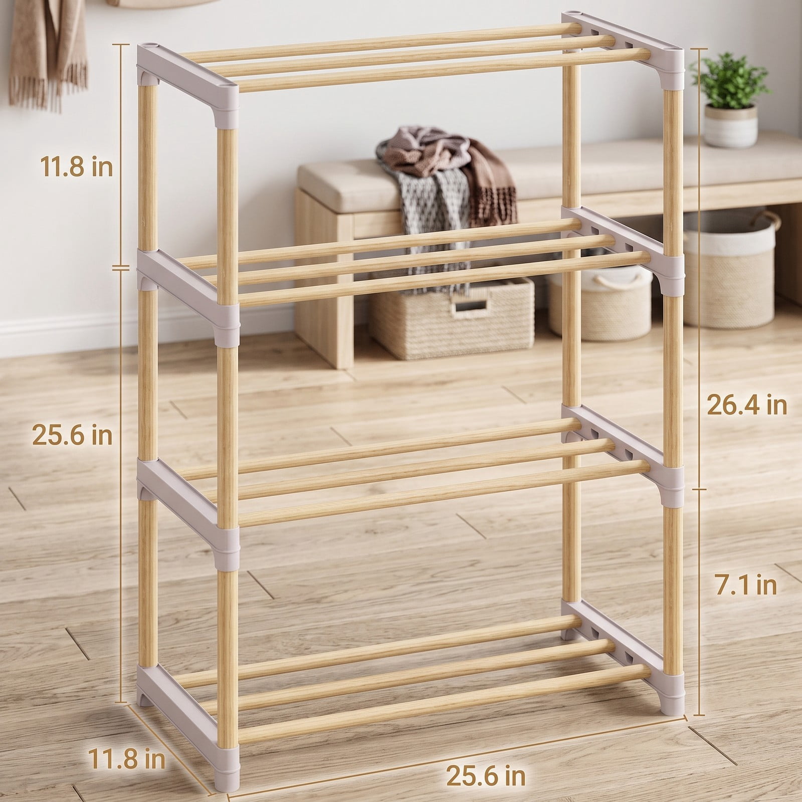 Furnibear 4-Tier Solid Pine Wood Shoe Rack with Slatted Open Shelves for Entryway Bedroom and Closet Storage, Natural and Gray