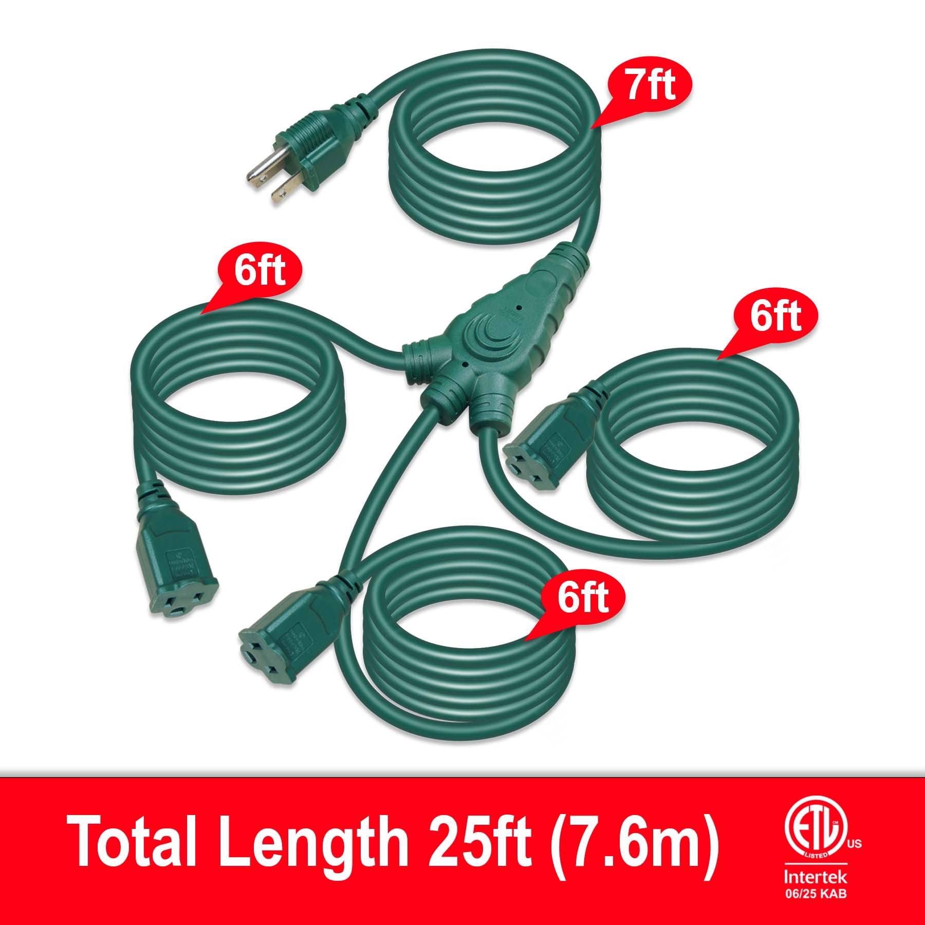 Outdoor 3-Outlet Multi-Directional Cord, Green, 25', by Holiday Time