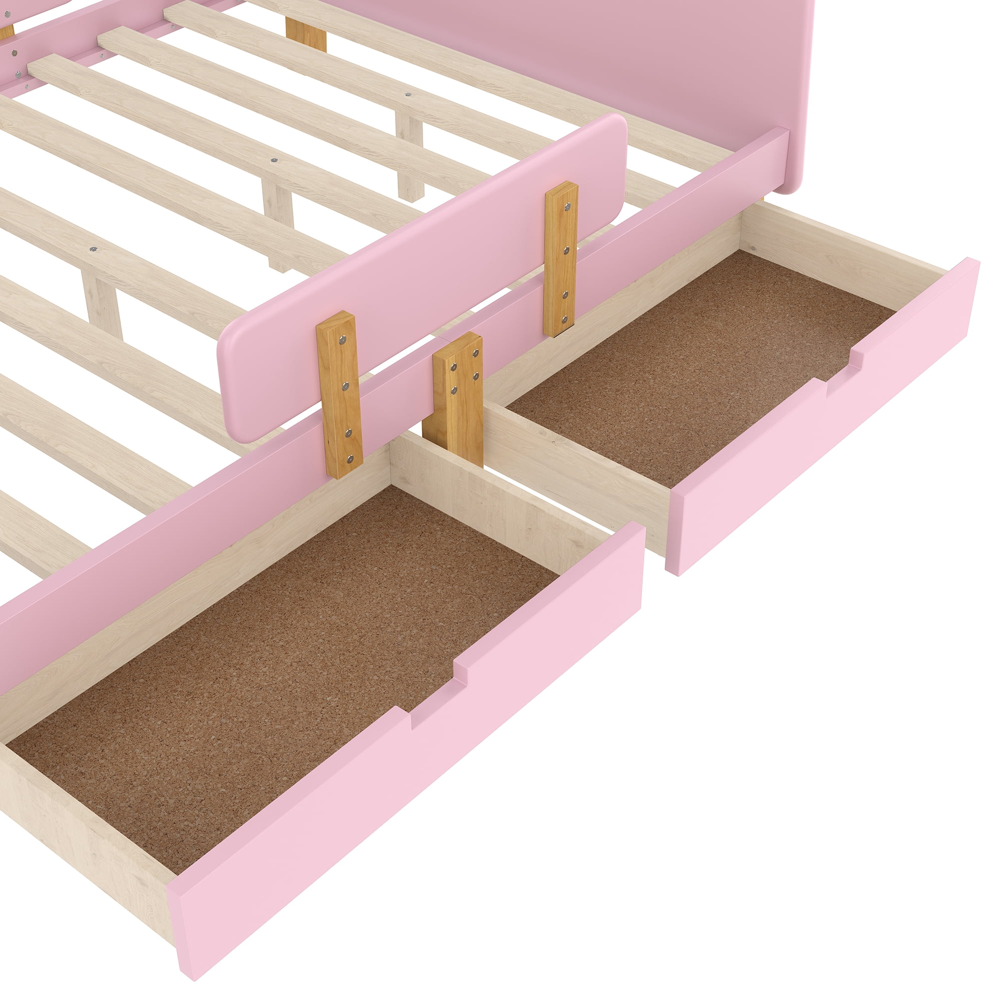 Miniyam Full Bed with Storage Drawers, Guardrails, Footboard Shelf & Side Hooks for Kid, Pink