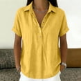 thumbnail image 2 of Duoif Women's Lapel Collar Cotton Linen Top Short Sleeve High Low Hem Casual Blouse Summer 2026, Yellow, XL, 2 of 8