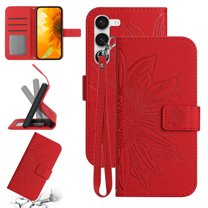 Cowithday Flip Wallet Cover Case for Samsung Galaxy A15 Phone, A15 Cases for Cell Phones, PU Leather Embossed Sunflower Shockproof Kickstand Slim Case for Samsung A15 6.5 inch, Red