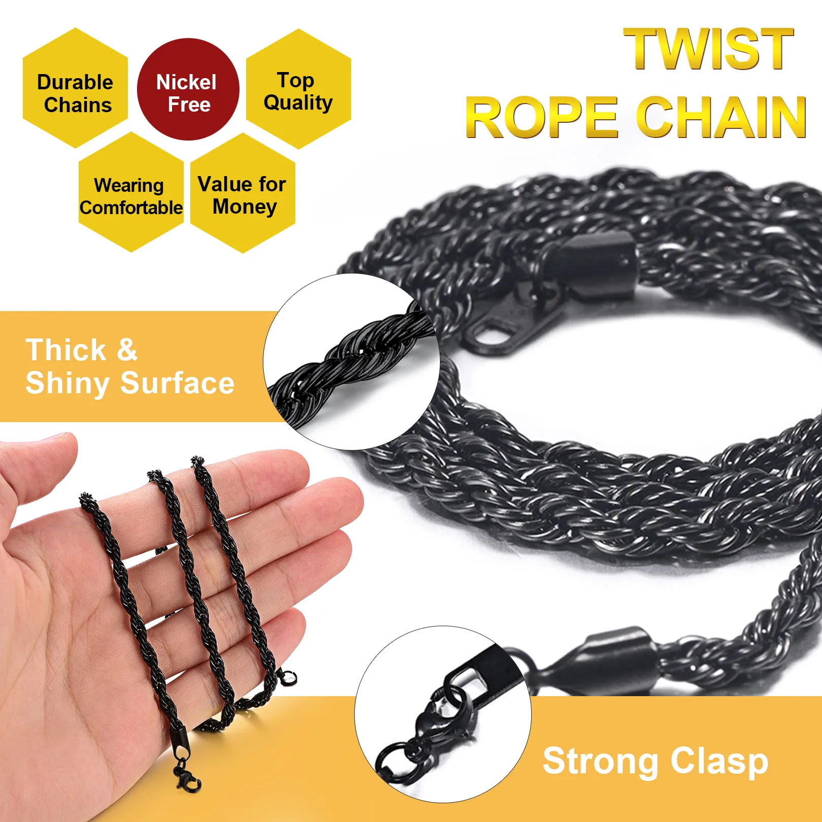 FOCALOOK Twist Rope Chain Necklace for Men Black Replacement Chain for Pendant Charm 316L Stainless Steel 3mm 24 Inch with Jewelry Gift Box for Dad Christmas