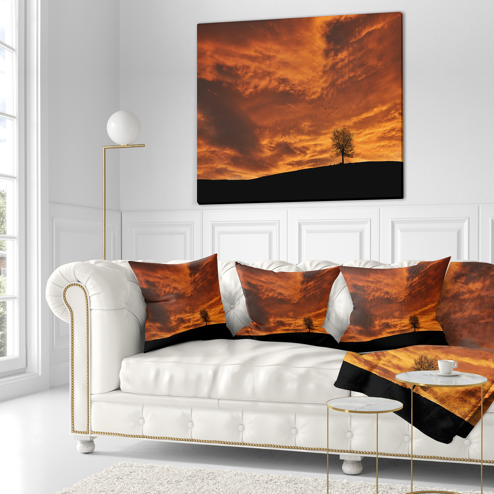 Designart Lonely Tree under Brown Sky - Landscape Printed Throw Pillow - 18x18