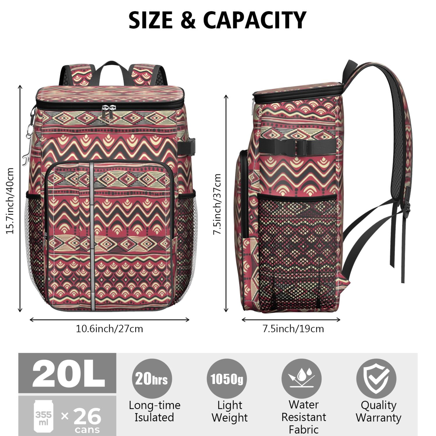 Travel Cooler Bag - Boho Bohemia Pioneer Flower Geometric Line Art Camping Beer Cooler Backpack with Bottle Opener- Waterproof Insulated Picnic Backpacks - Cooler Bag for Beach