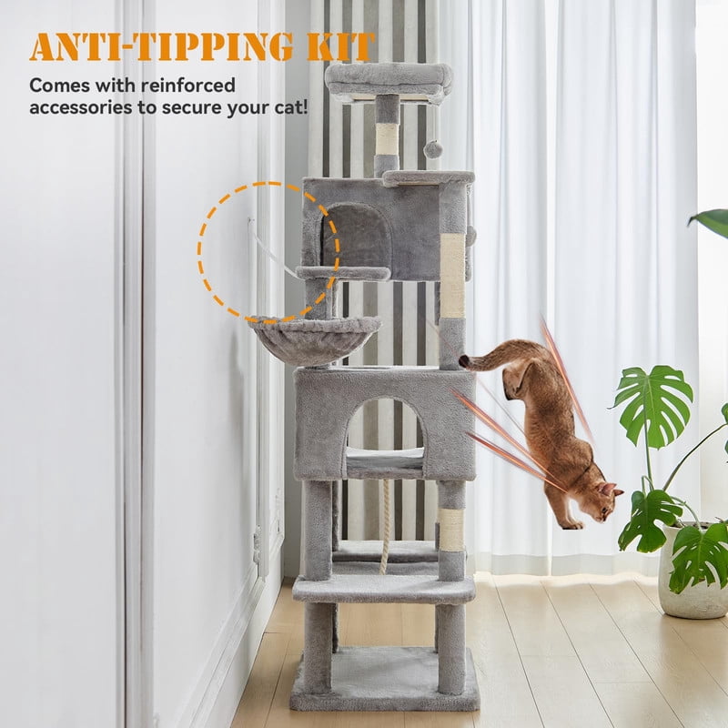 Kelno 66" Cat Tree Tower Durable Cat Climbing Tower with Sisal Scratching Posts Cozy Condo Hammock and Platforms, Light Gray