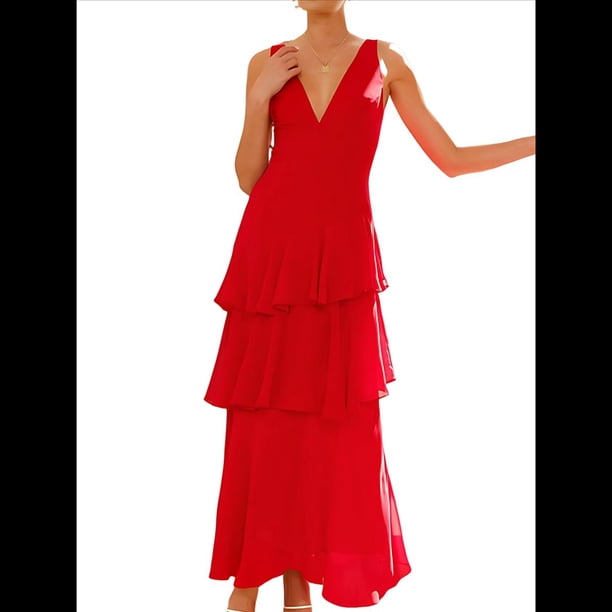 Vestidos de Dama de de Escalonada para Mujer, Vestidos de Noche Formales con Volantes, Largos y Plisados. Rojo L