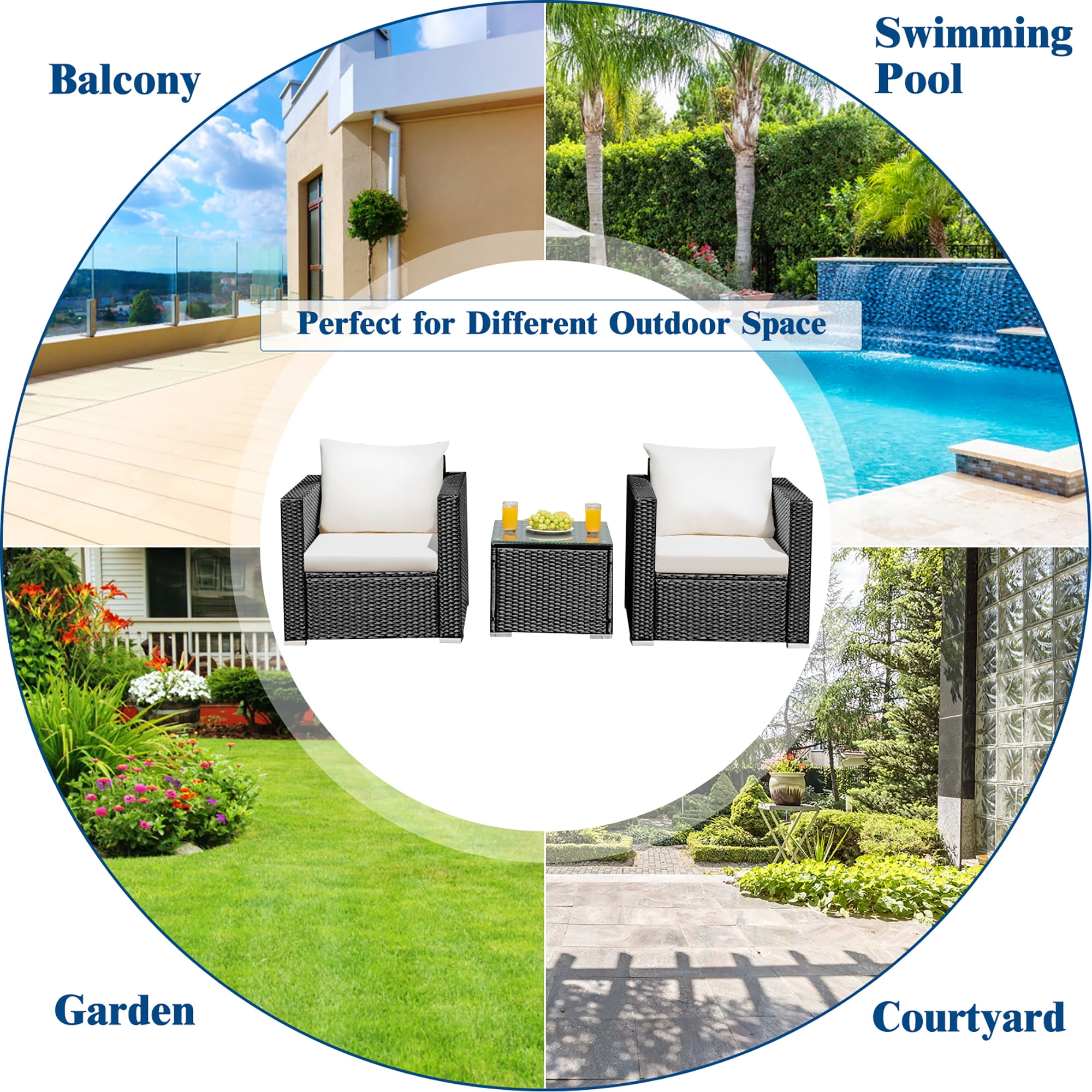 Costway 3PCS Patio wicker Furniture Set Conversation Rattan Sofa Set w/Cushion Garden