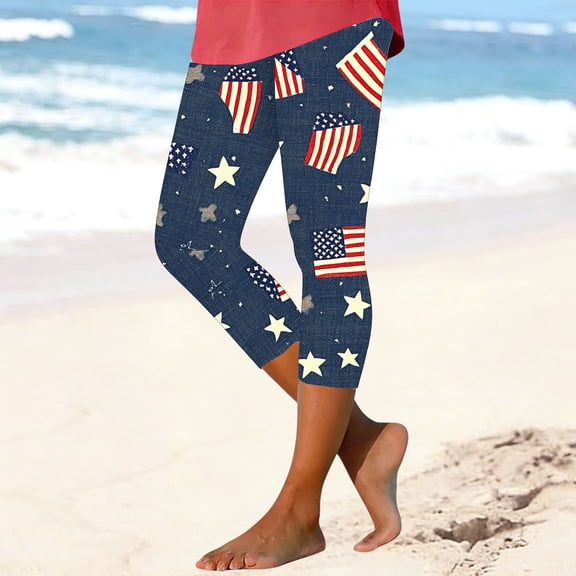 Favoffer Women's Capri Leggings Independence Day Print Tight High Stretch Mid-Calf Cut Tummy Control Elastic Waist Athletic Yoga Workout Streetwear Daily Casual Active Bottoms