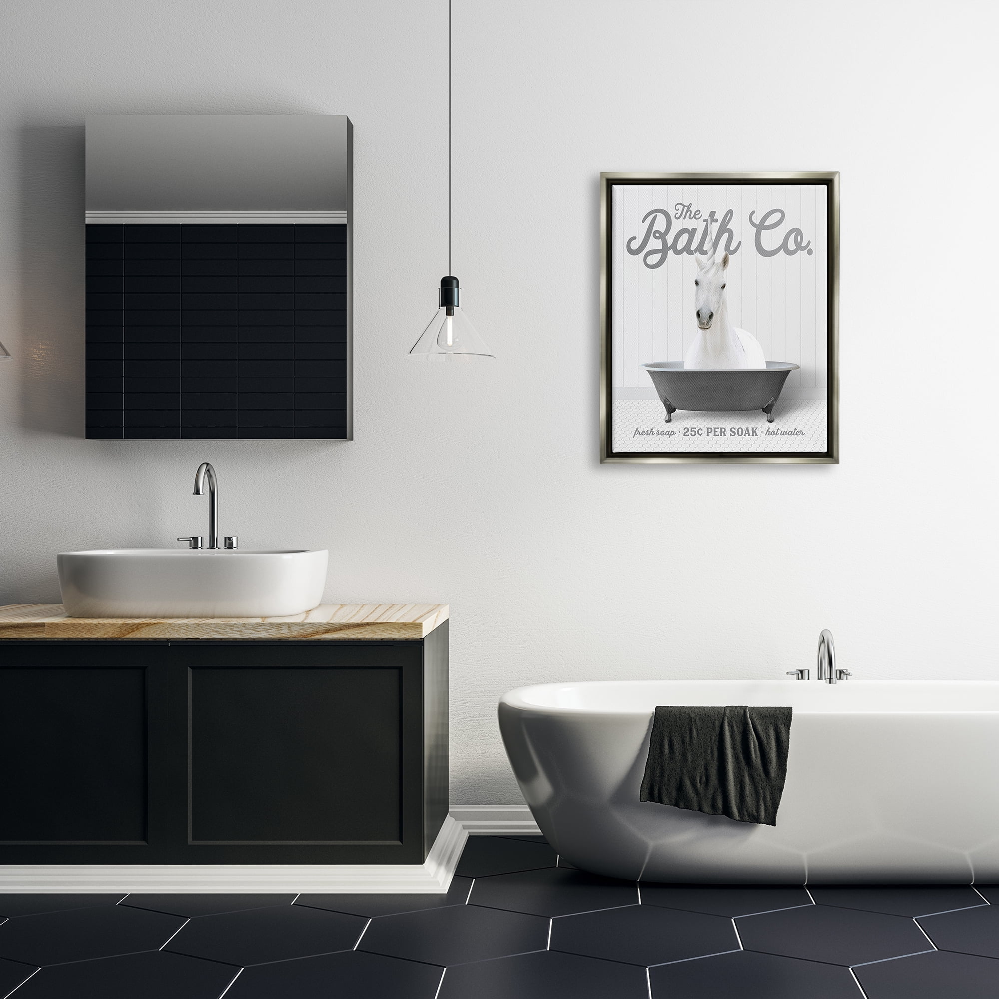 Stupell Industries Unicorn in Bathtub Animals & Insects Painting Gray Floater Framed Art Print Wall Art, 25 x 31