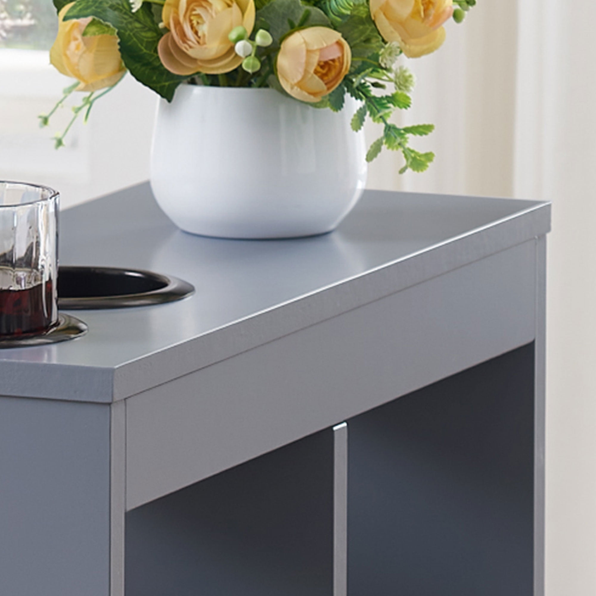Kings Brand Furniture Narrow Side End Table with Drink Holders & Storage Shelves, Slim Sofa Table with Magazine Holder for Living Room, Bedroom, or Office – Gray