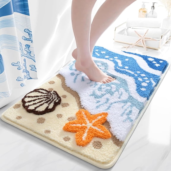 Coastal Bathroom Rugs Beach Ocean Wave Bath Mat Nautical Rug, Cute Colorful Bath Rug 3D Starfish Shell Beachy Theme Bathroom Decor, Soft Microfiber Carpet Non Slip Washable Bathmat(18x26 inch)