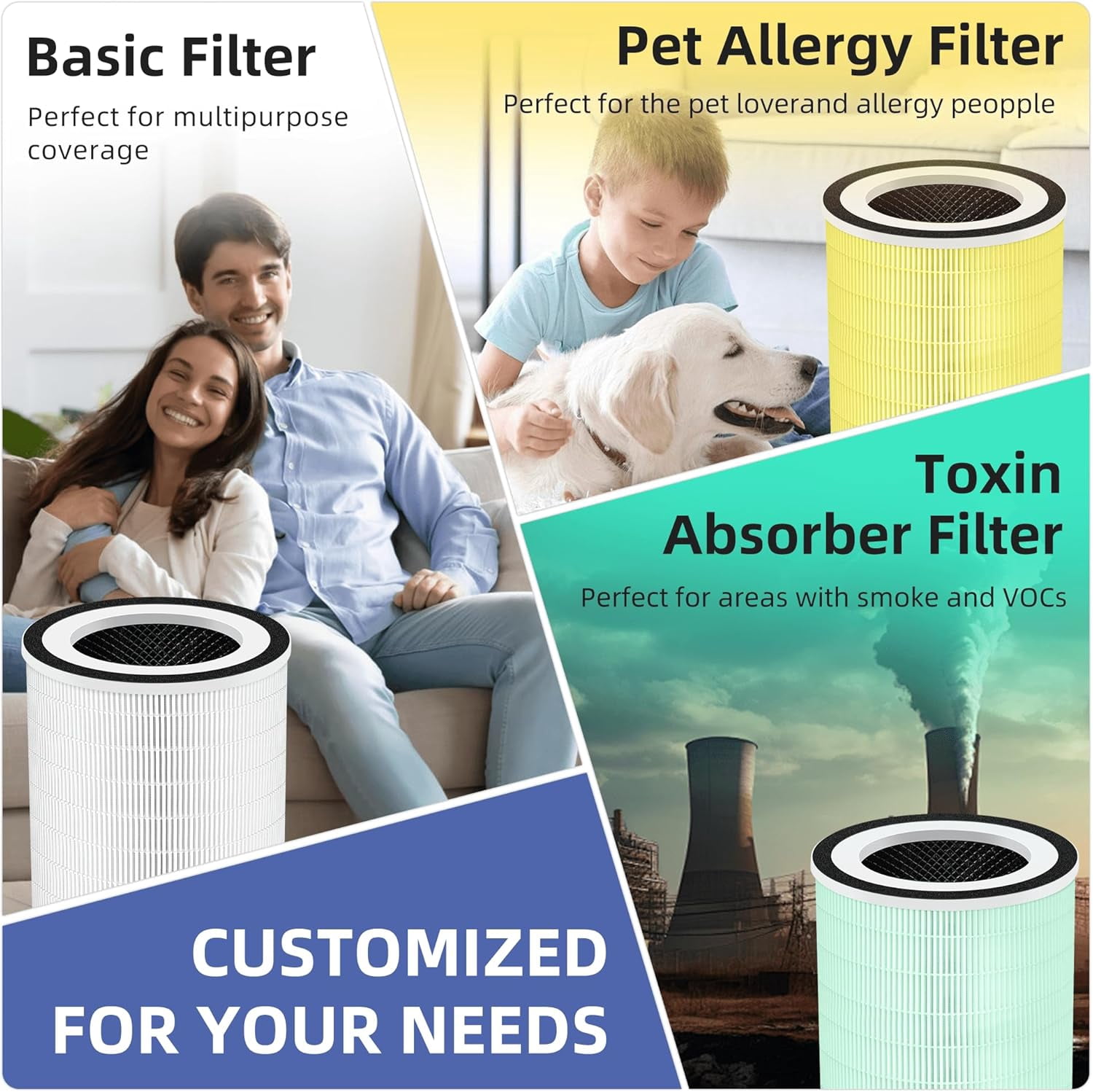 Air Purifier Filter, Pet Care Replacement Filter 3-in-1 New Fine Non-Woven Fabric Pre, True HEPA, Activated Carbon Filter, 1 Pack