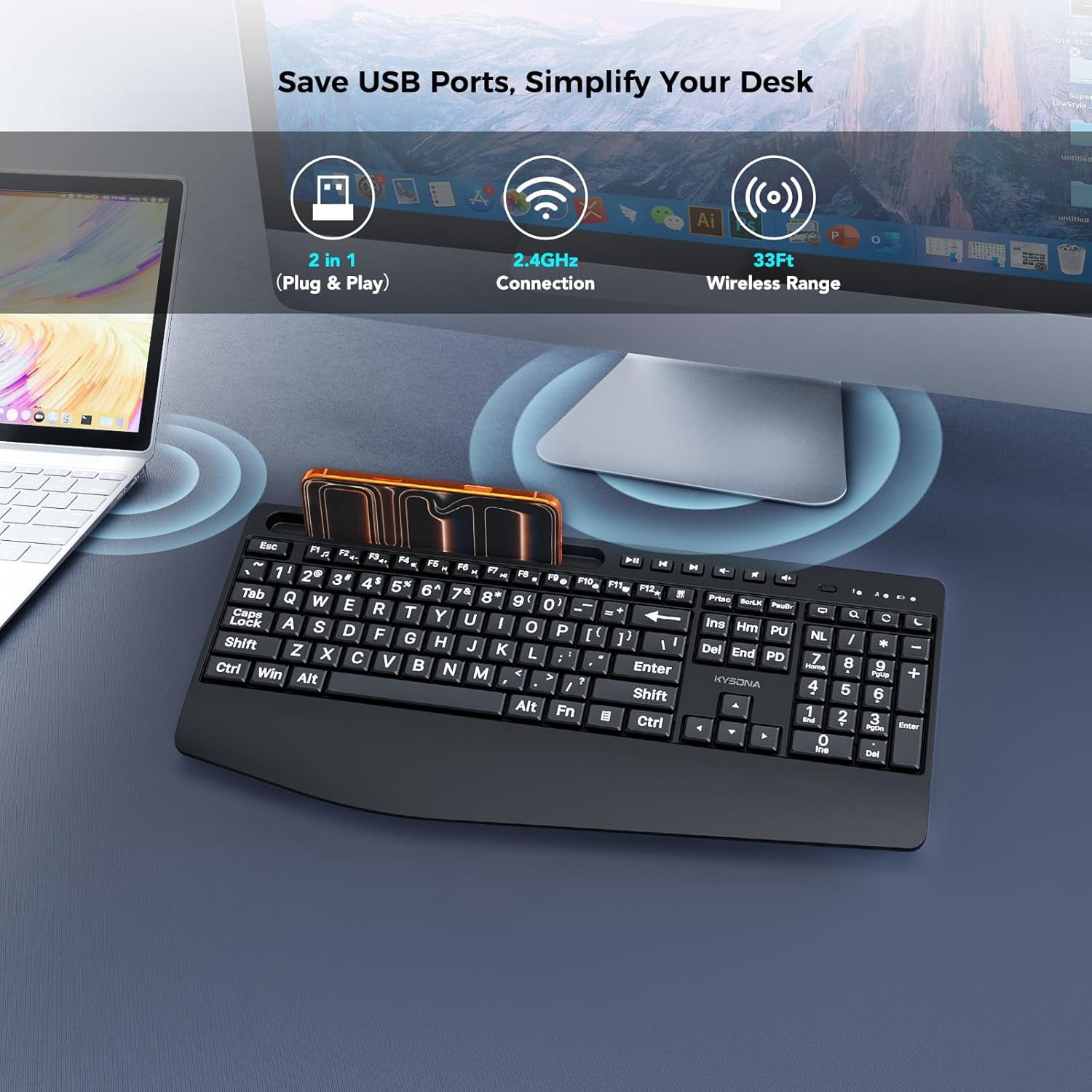 Large Print Wireless Keyboard, Full Size Cordless Computer Keyboard with Phone Holder, Palm Rest, Ergonomic Tilt Angle, 2.4G Plug-and-Play, Compatible Tablet/Windows/Laptop/PC, Black