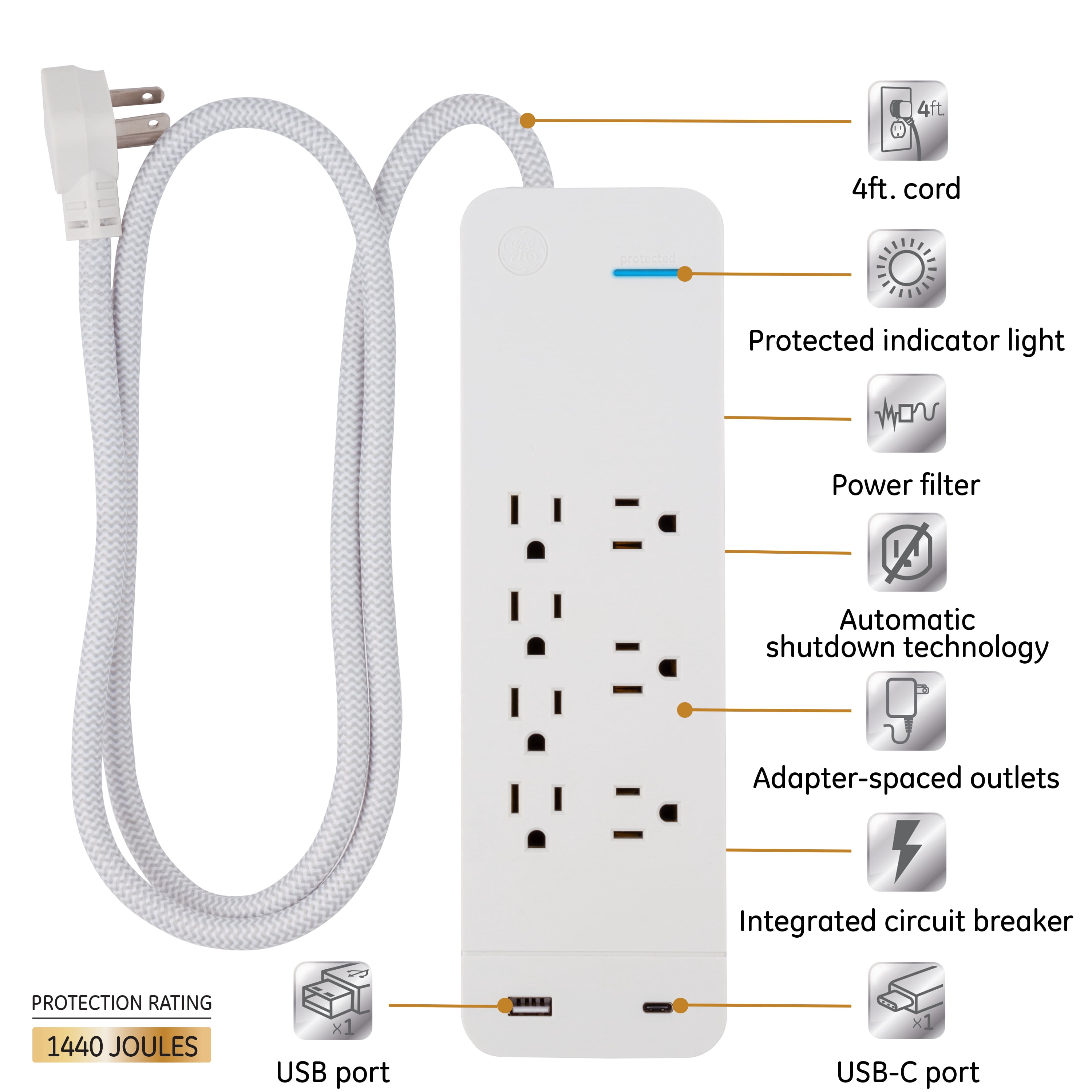 GE UltraPro 7 Outlet 1 USB & USB-C Surge Protector, 4 ft Cord, White, 41355