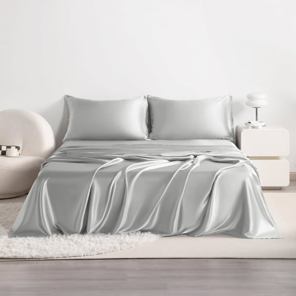 Flxxie 3 Pieces Twin Silky Satin Sheet Set for Hair and Skin, Includes Flat Sheet, Deep Pocket Fitted Sheet and Pillowcases, Silver Grey