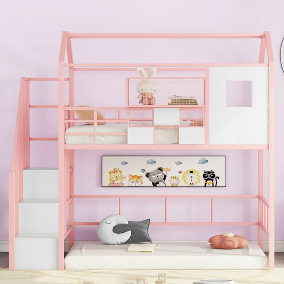 Euroco Metal Twin Size Loft Bed, House Bed with Roof and Cabinets, Pink