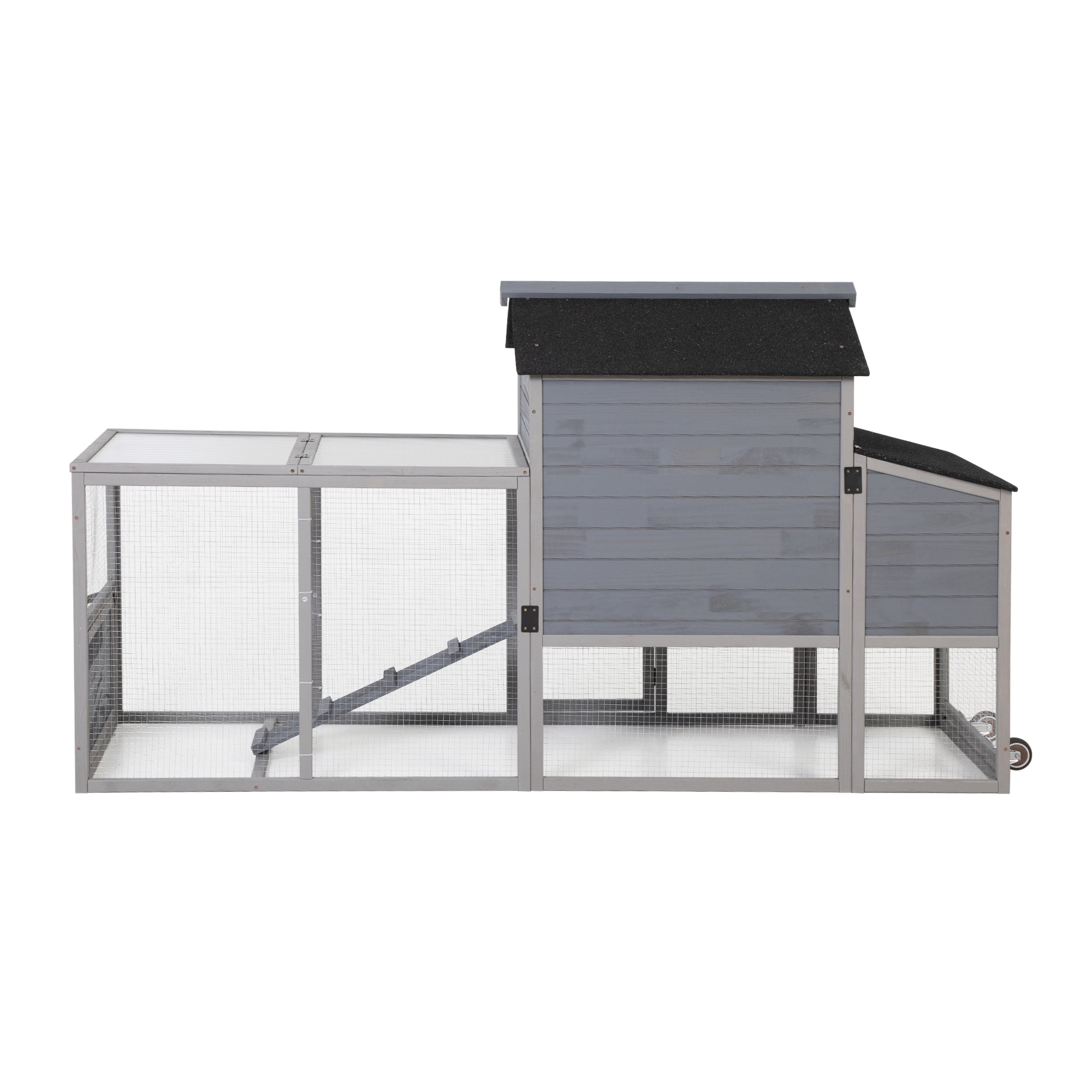 Portable Mobile Chicken Coop with Nesting Box, Sleeping Room, Run, Window, Sun Board, Doors, Pull-Out Tray, Wheels, Outdoor Backyard Pen for Small Animals, Gray with Colorful Patterns