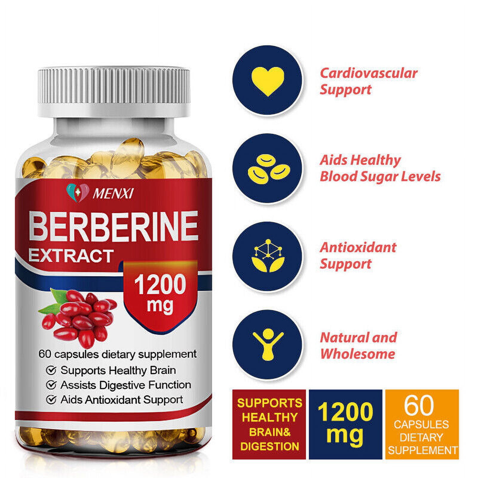(3 Bottle)MENXI Berberine Extract Capsules,High Potency Berberine HCl Extract Supplement, Concentrated Berberine 1200mg Supplements, -Gluten Free & Non-GMO