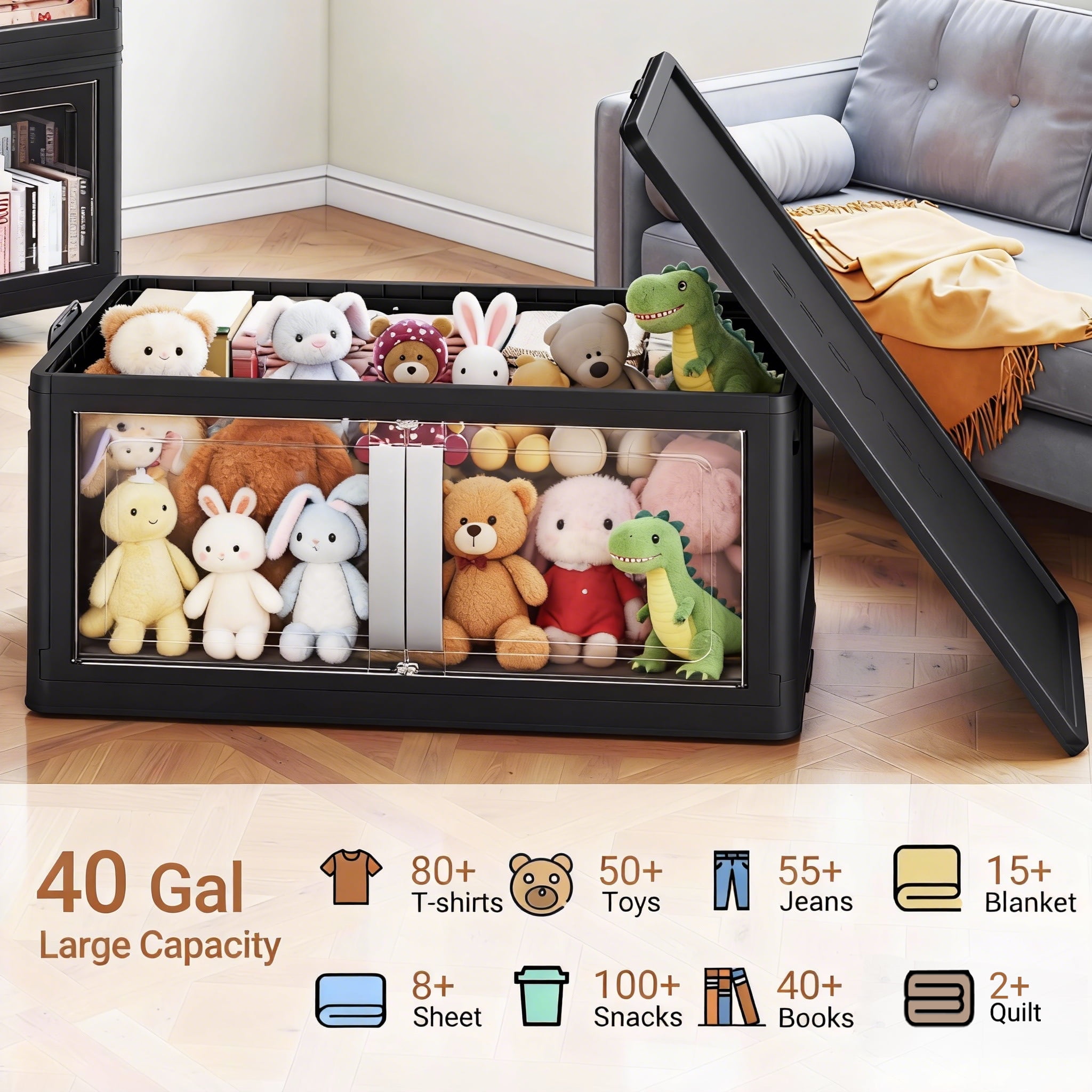 Broview 800Qt Large Stackable Storage Bins with Lids, Plastic Closet Organizers Storage Drawer with Wheels Doors, Toy Clothes Storage Box, Black V70