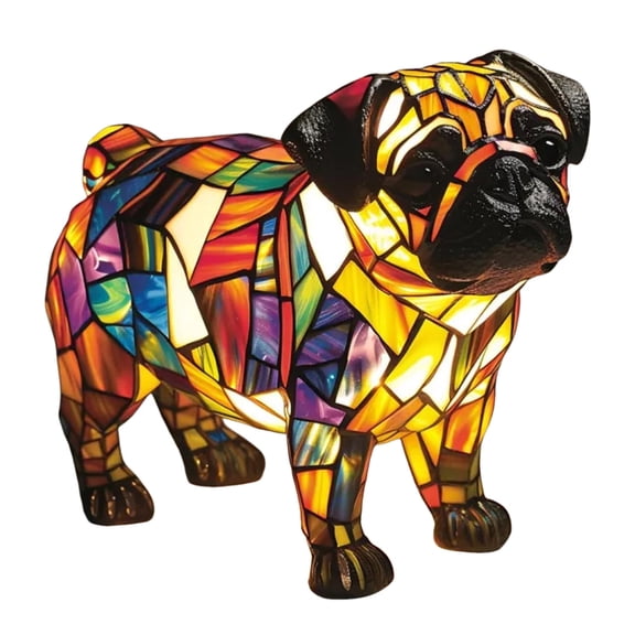 Dog Series Pug Lamp Stained Glass LED Night Light with Soft Warm Glow
