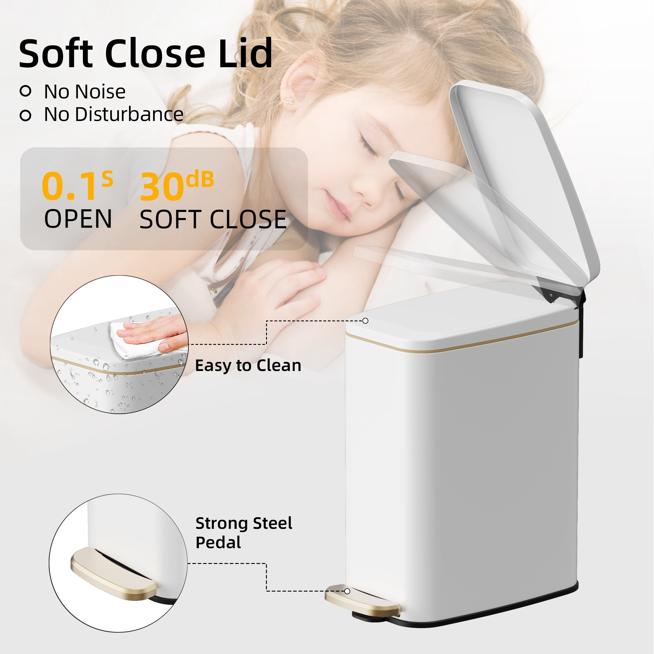 KSSKSS 1.6 Gallon/6L Small Bathroom Steel Step Trash Can, Soft-Close Lid & Fingerprint-Proof, Slim Wastebasket for Narrow Spaces (White)
