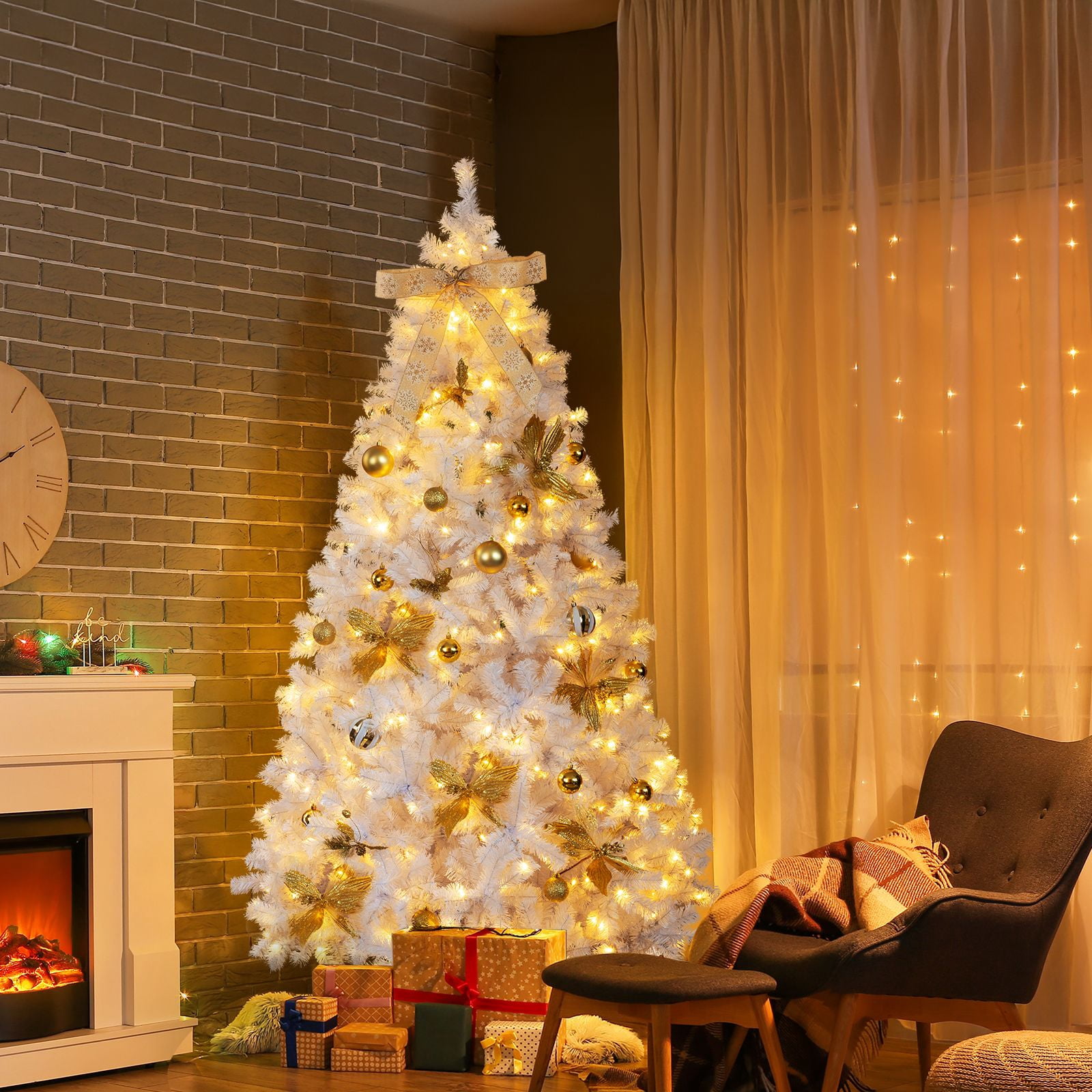 7.5 FT Artificial Christmas Tree with DIY 400 Warm White LED Lights, Hinged Xmas Pine Tree with Tree Skirt and Holiday Ornaments for Holiday Party Office Home, White Tree & Golden Decor