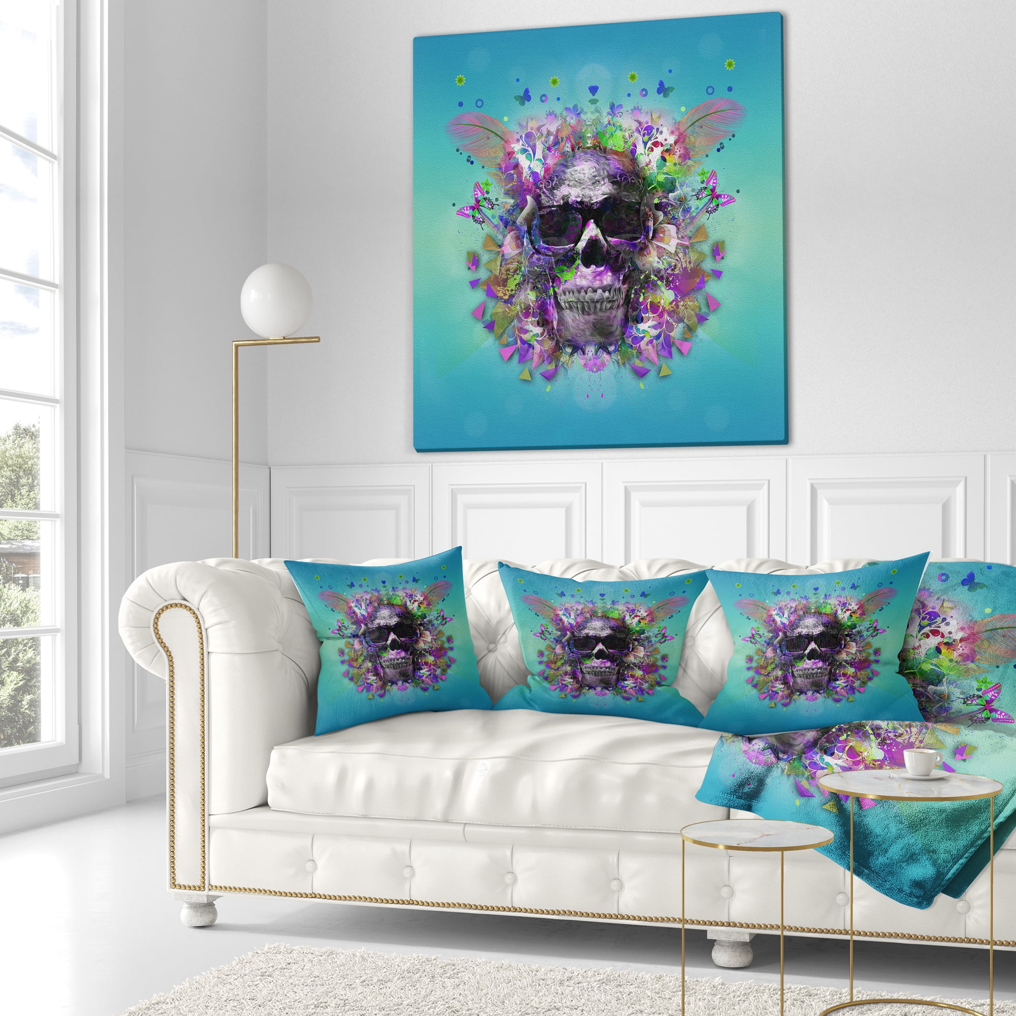 Designart Skull with Glasses and Butterflies - Abstract Throw Pillow - 18x18