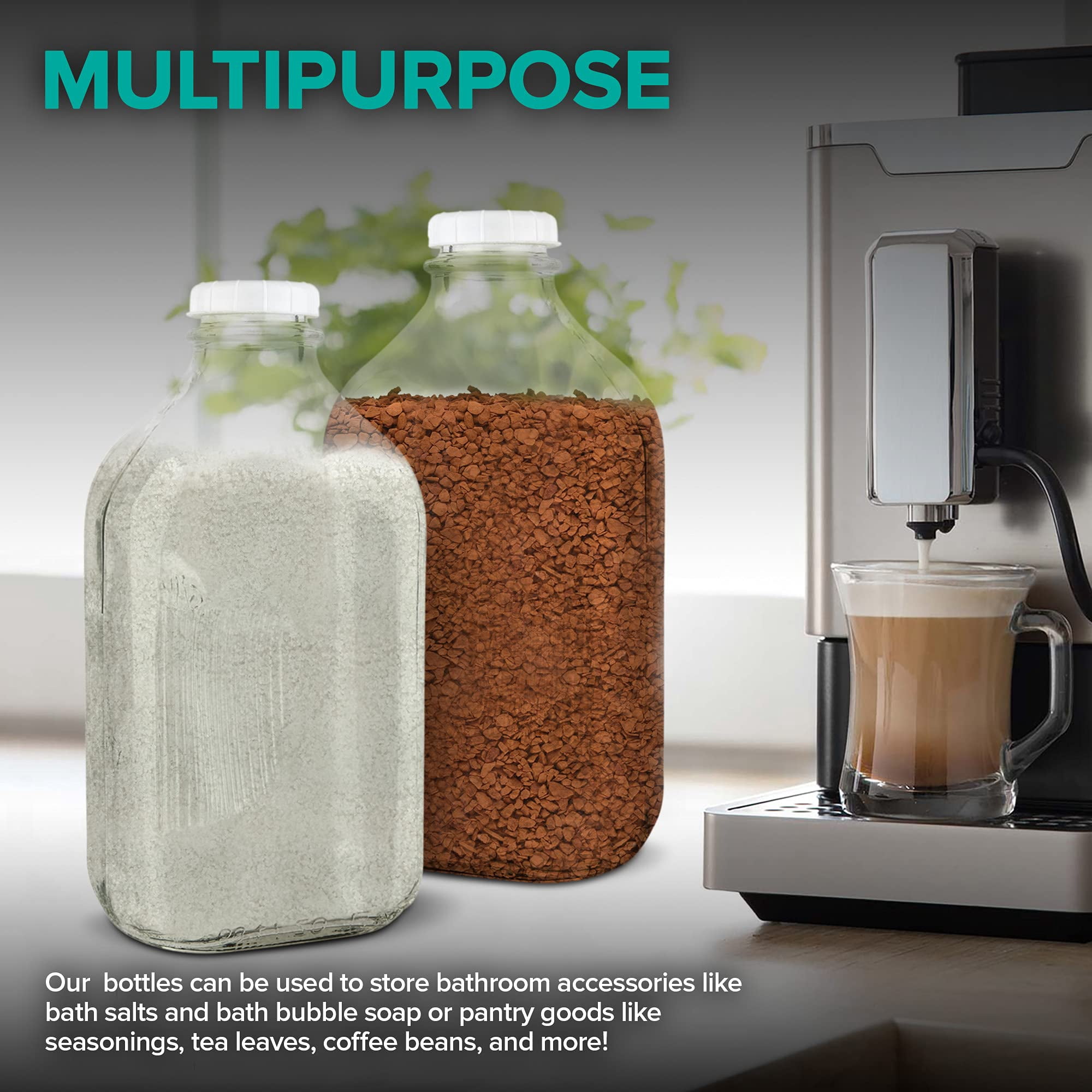 Stock Your Home Half Gallon Glass Milk Bottle with Lid (3 Pack) 64 Oz Jugs and 6 White Caps, Reusable Food Grade Milk Container for Refrigerator, Bottles for Juice, Oat or Plant Milks, Water, Honey