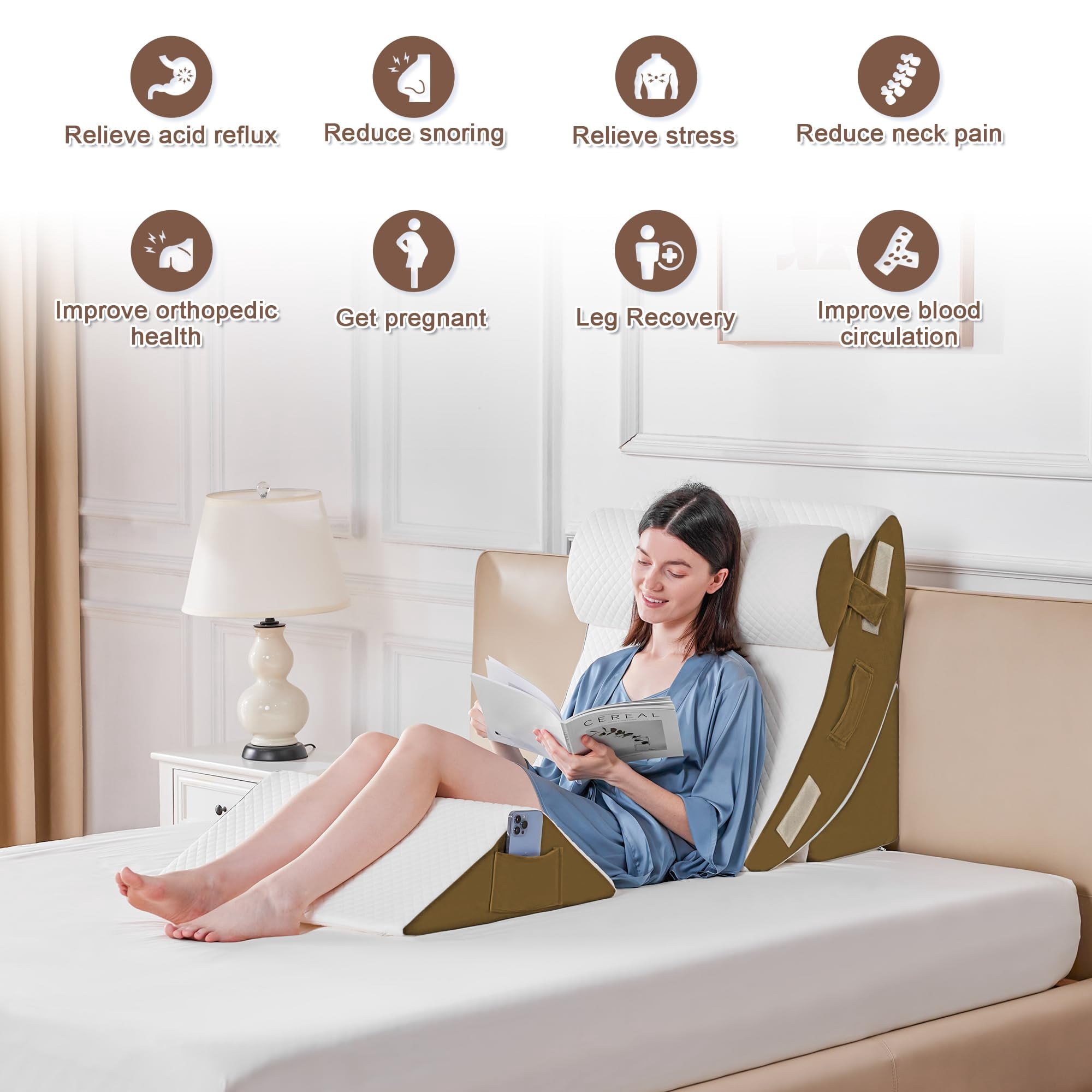 4pcs Orthopedic Bed Wedge Pillow Set For Sleeping  Post Surgery Foam Body Back And Leg Pain Relief Triangle Adjustable Support - Acid Reflux Pillows Brown