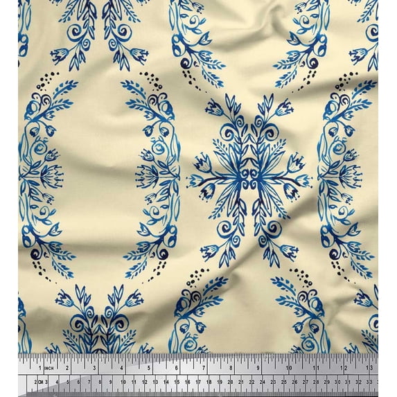 Soimoi Satin Silk Fabric Floral & Ogee Damask Print Sewing Fabric Yard 42 Inch Wide