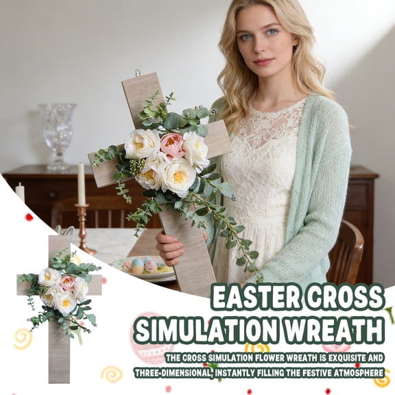Easter Cross Wreaths for Front Door, Christian Easter Decorations Door Sign with Faux Flowers Leaves, Wall Art for Religious Lent Farmhouse Porch Church Party Decorations, 17 x 10 Inch